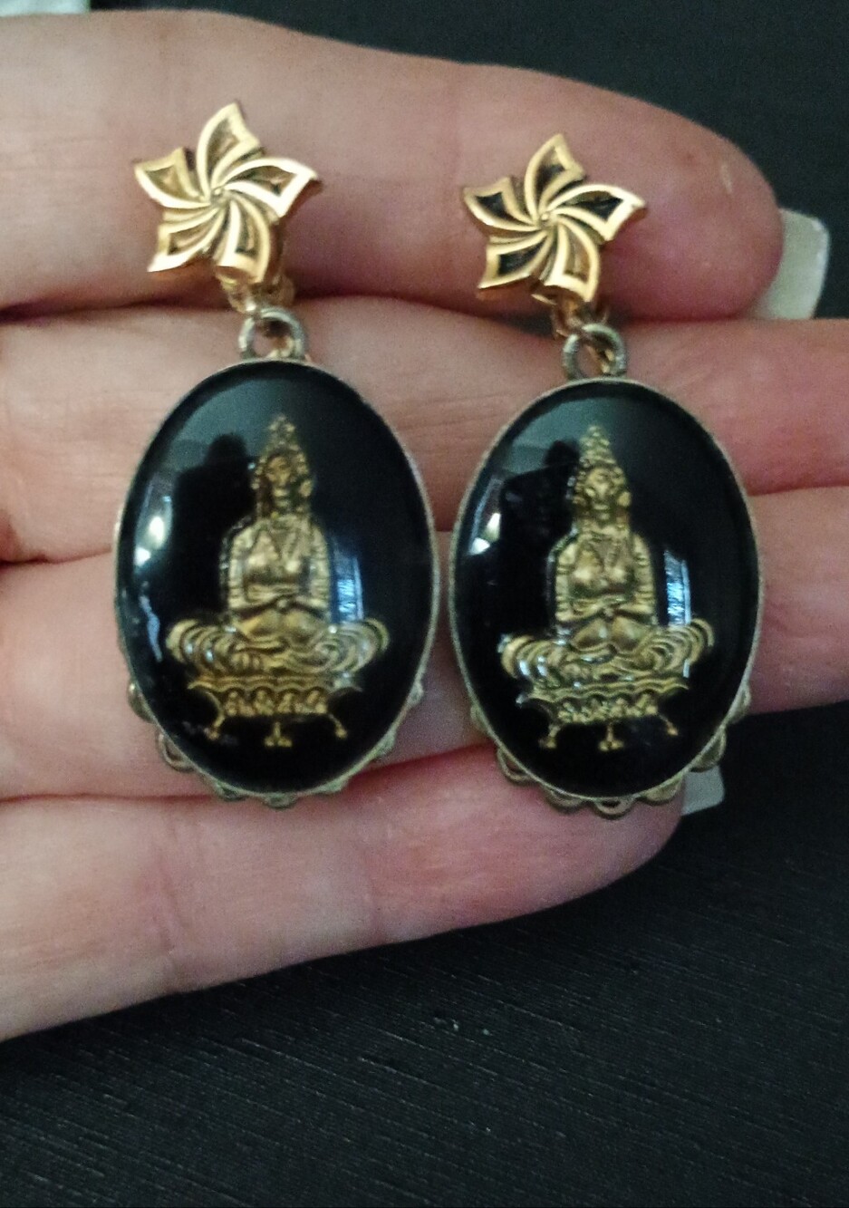 Vintage Gold & Black Lotus Buddha Drop Earrings - Women Jewelry
